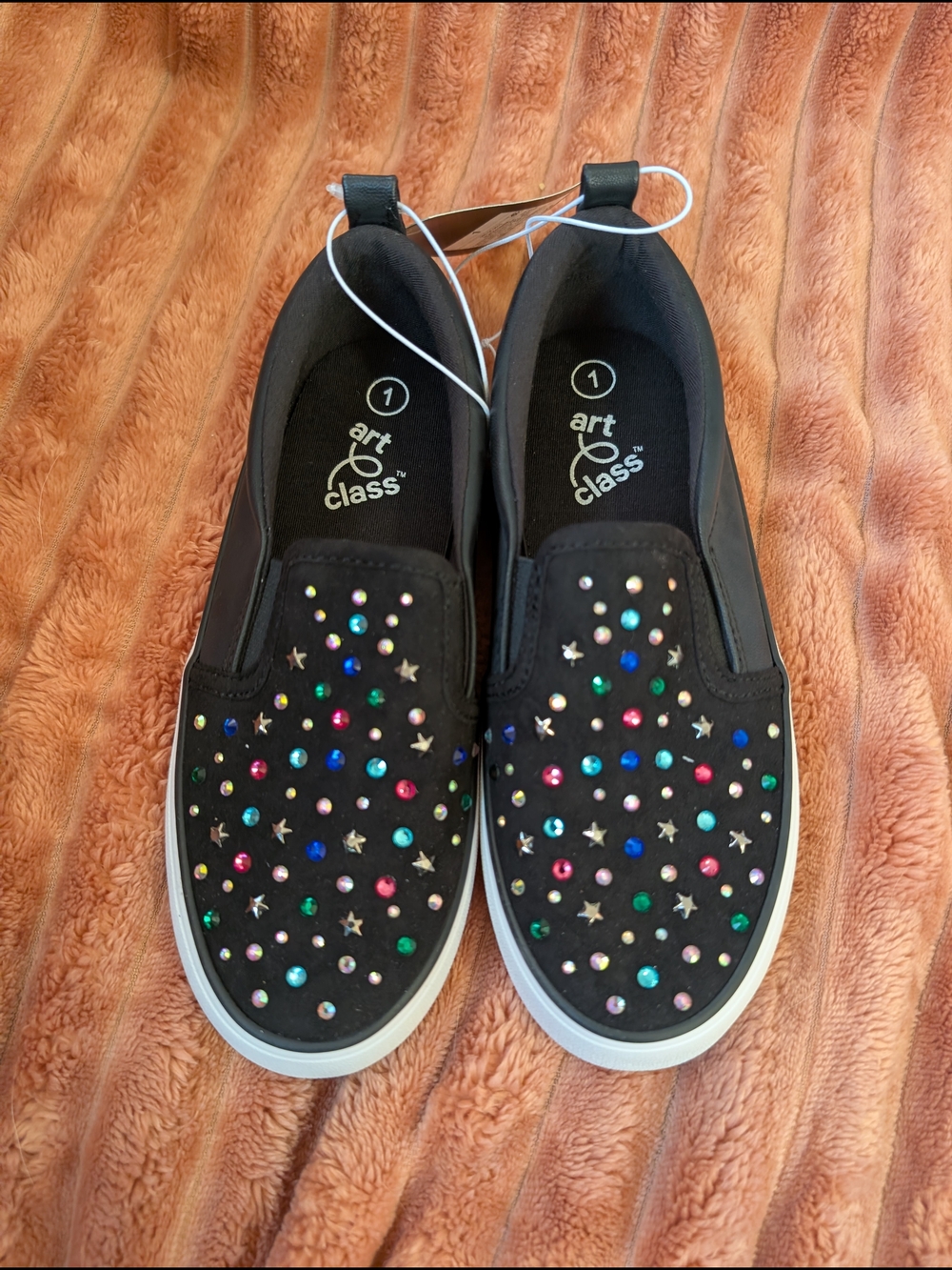 art class Black Slip-On Sneakers with Multicolor Gems